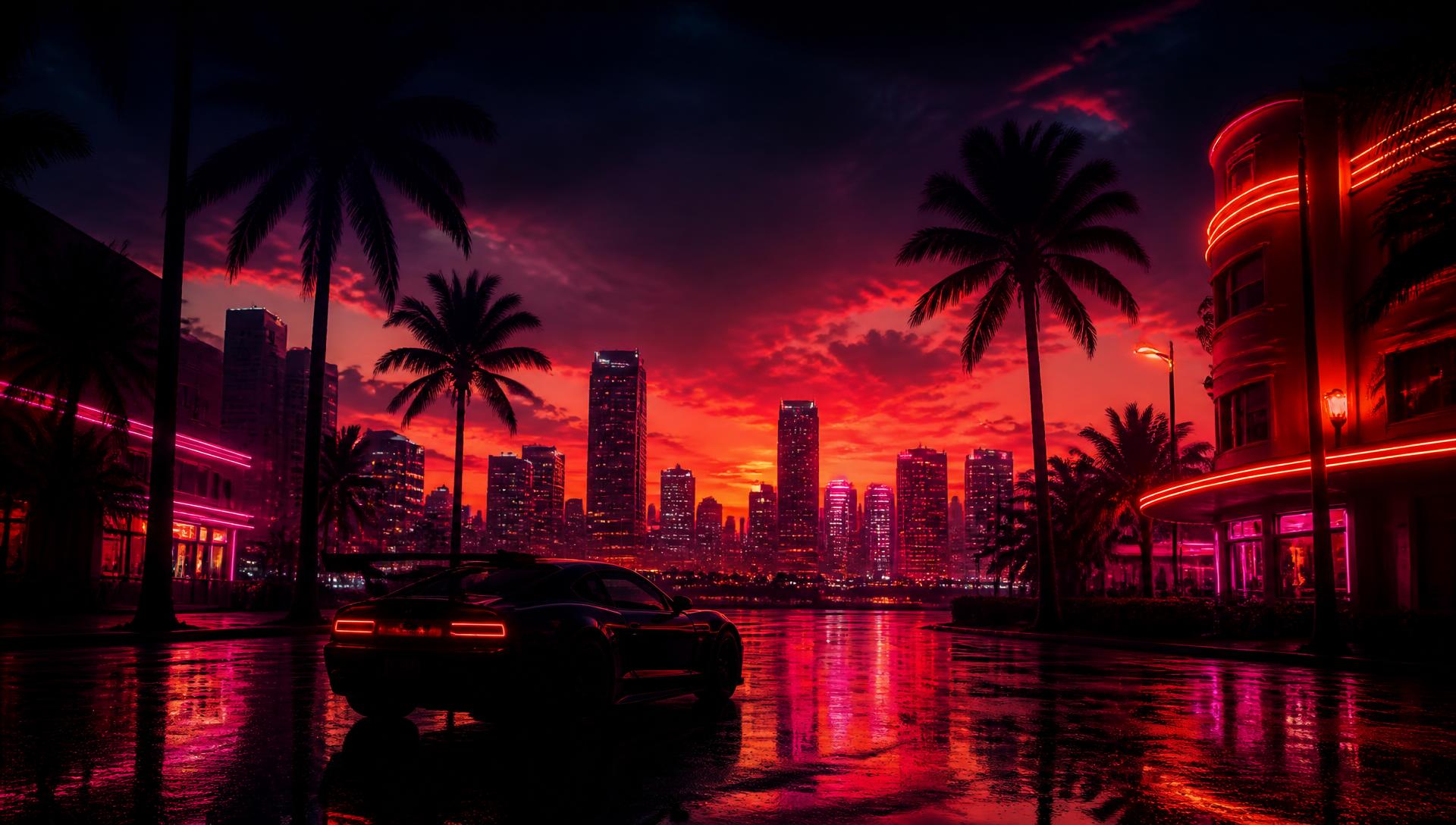 Neon city skyline at sunset with palm trees